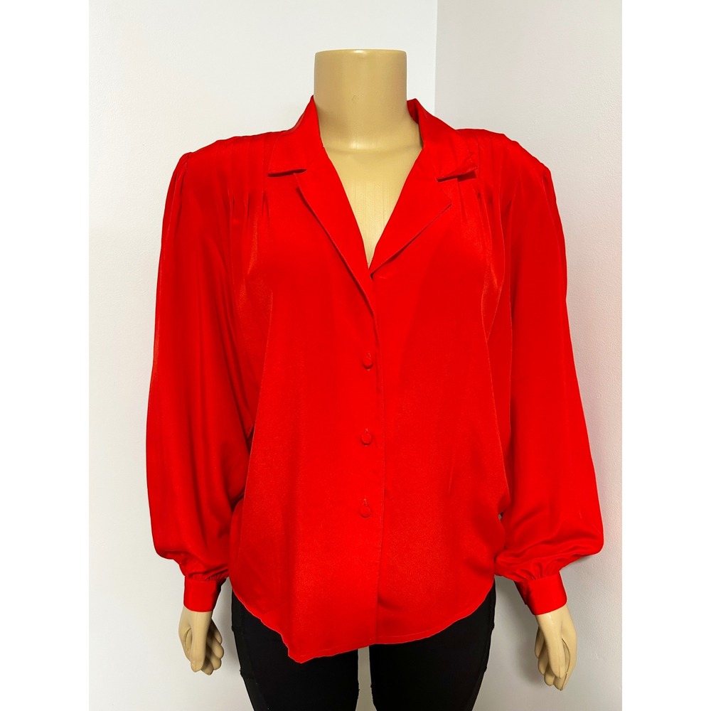 Peters & Ashley Liquid Silk Red Vintage 70s 80s Button Puff Sleeve Blouse 12 L